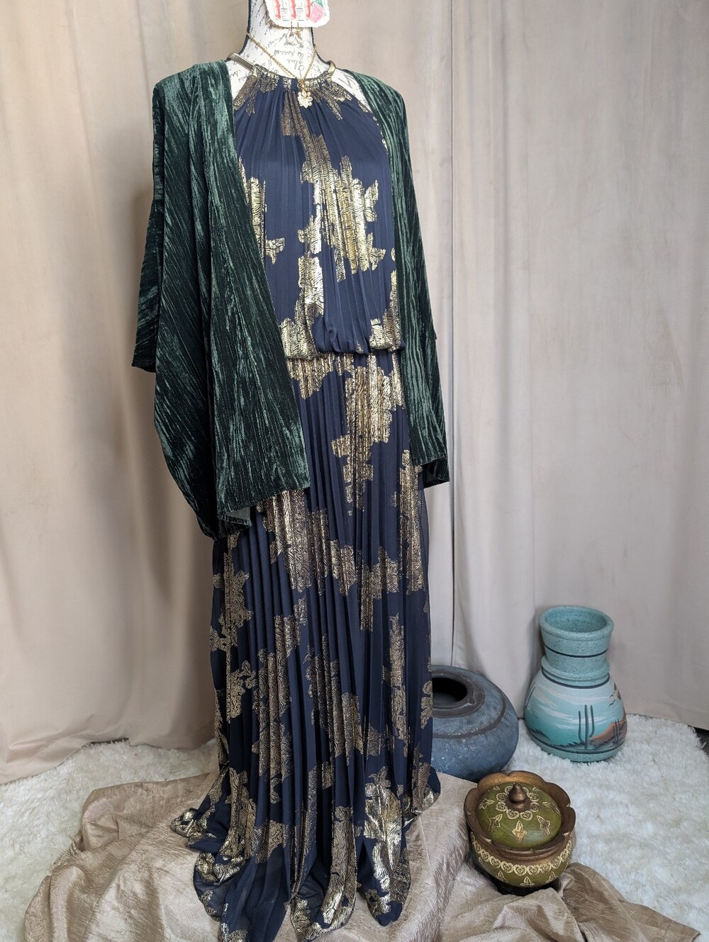 MSK 14 Navy & Gold Pleated Dress
